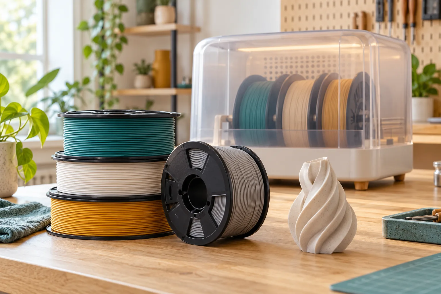 Original illustrative maker studio with unbranded filament spools and a fictional drying enclosure; not a listed commercial model.